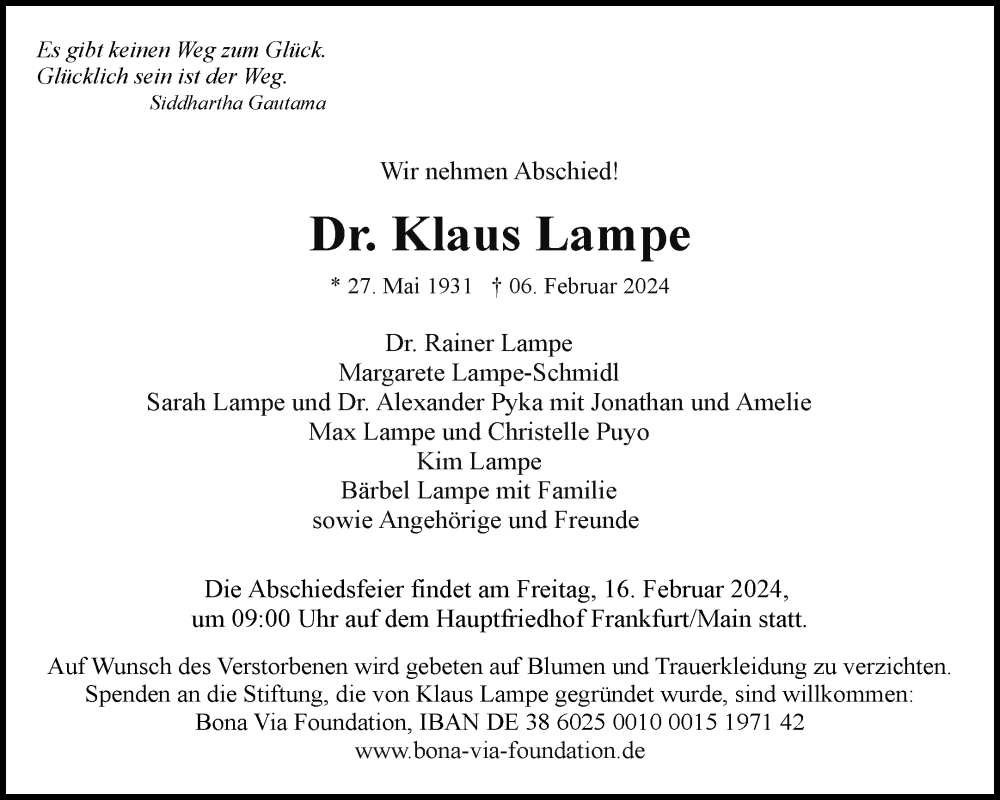  Traueranzeige für Klaus Lampe vom 10.02.2024 aus Waiblinger Kreiszeitung