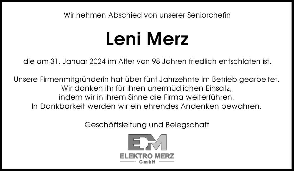  Traueranzeige für Leni Merz vom 17.02.2024 aus Waiblinger Kreiszeitung