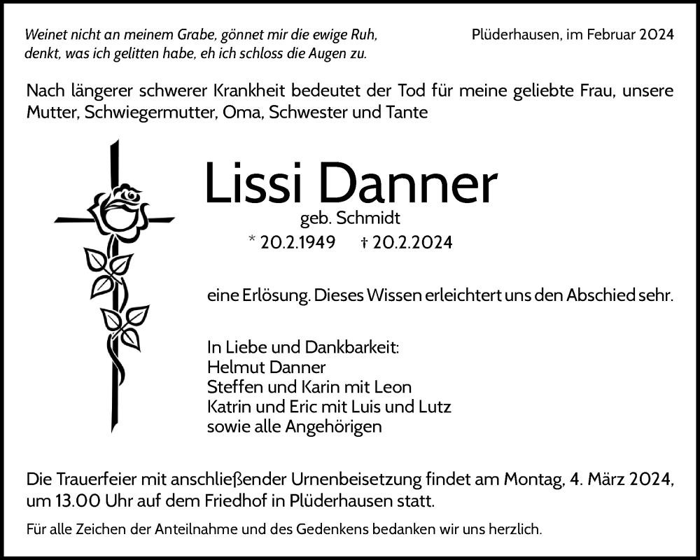  Traueranzeige für Lissi Danner vom 28.02.2024 aus Waiblinger Kreiszeitung