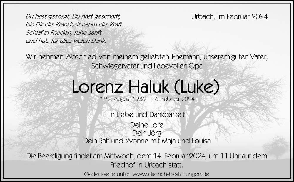  Traueranzeige für Lorenz Haluk vom 09.02.2024 aus Waiblinger Kreiszeitung