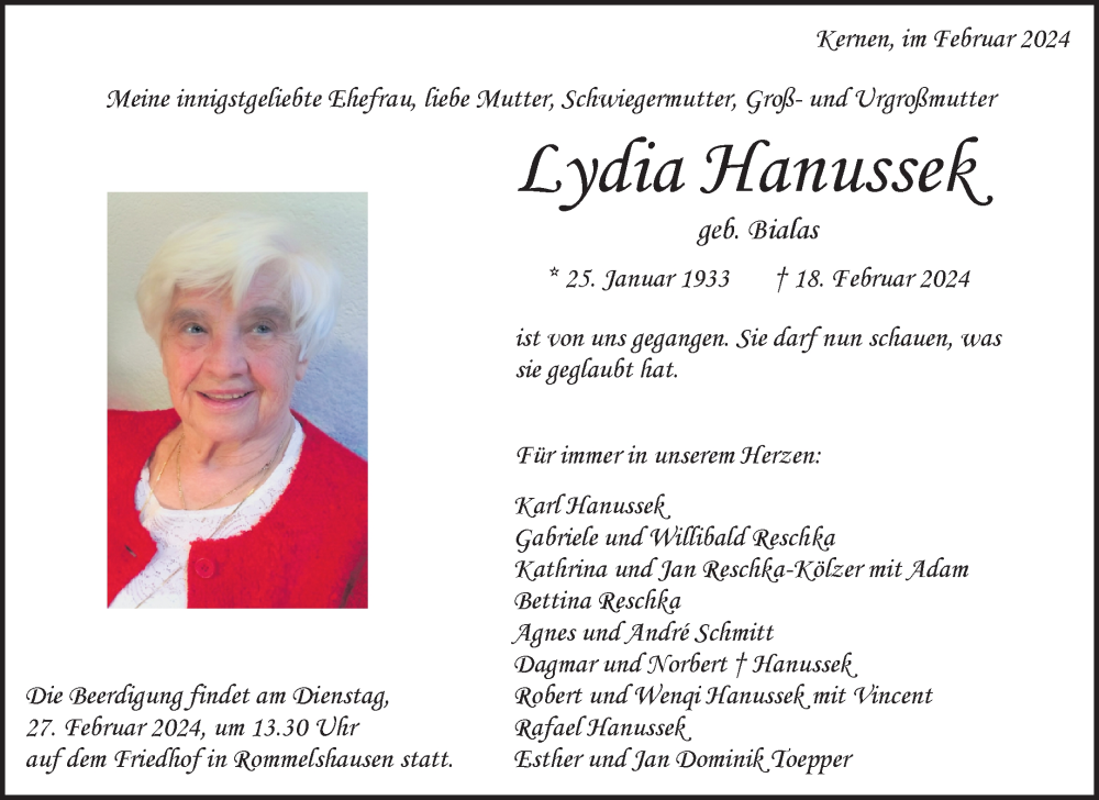  Traueranzeige für Lydia Hanussek vom 23.02.2024 aus Waiblinger Kreiszeitung