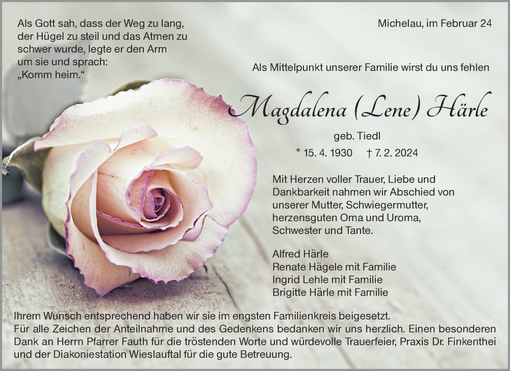  Traueranzeige für Magdalena Härle vom 22.02.2024 aus Waiblinger Kreiszeitung