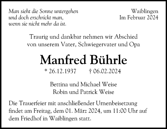Traueranzeige von Manfred Bührle von Waiblinger Kreiszeitung