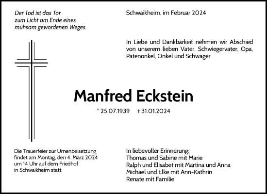 Traueranzeige von Manfred Eckstein von Waiblinger Kreiszeitung