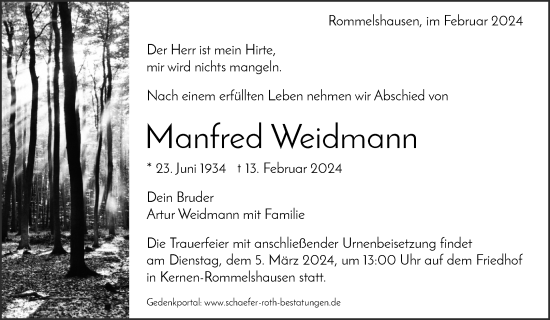 Traueranzeige von Manfred Weidmann von Waiblinger Kreiszeitung