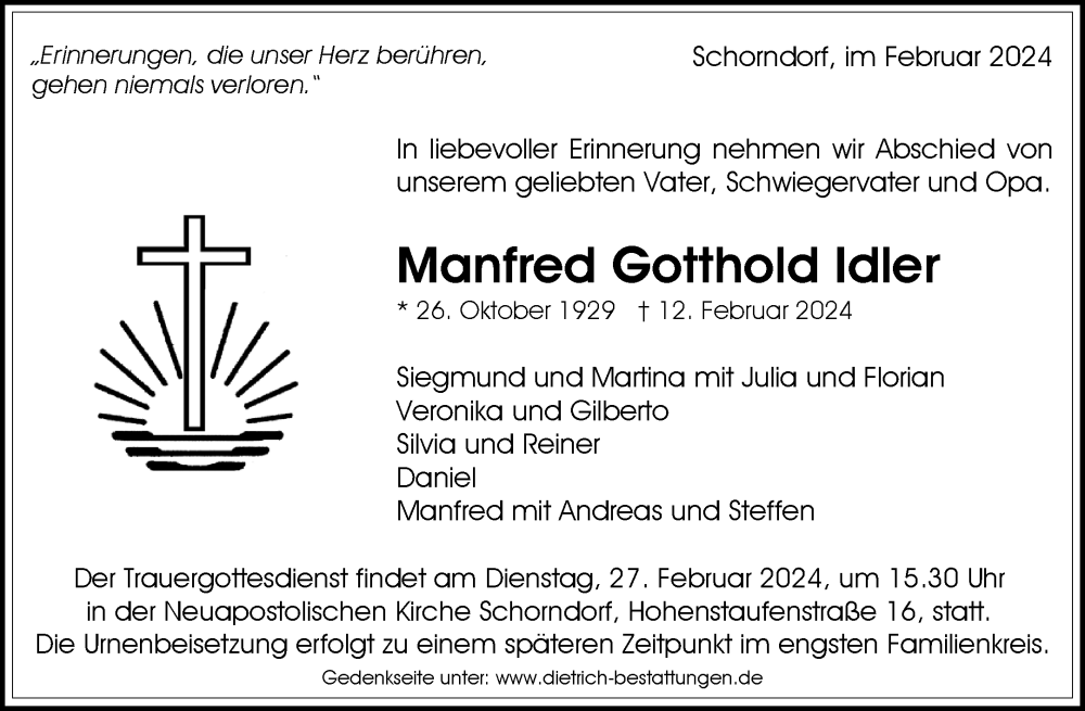  Traueranzeige für Manfred Gotthold Idler vom 23.02.2024 aus Waiblinger Kreiszeitung