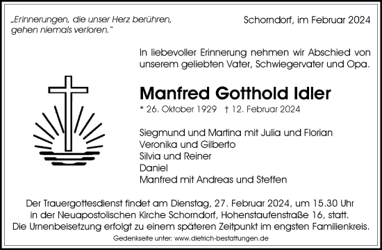 Traueranzeige von Manfred Gotthold Idler von Waiblinger Kreiszeitung