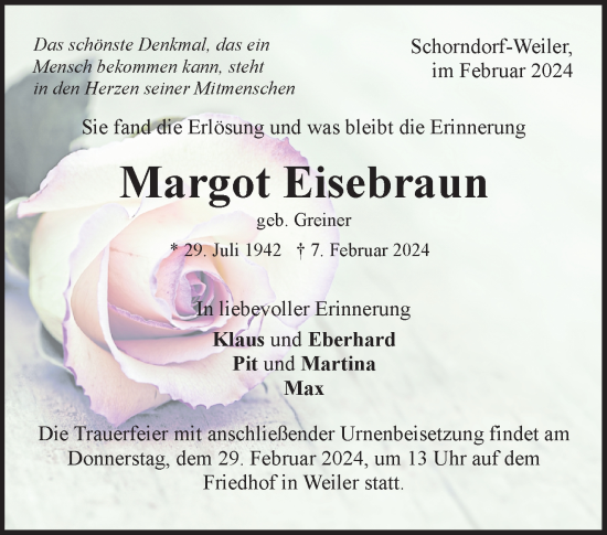 Traueranzeige von Margot Eisebraun von Waiblinger Kreiszeitung