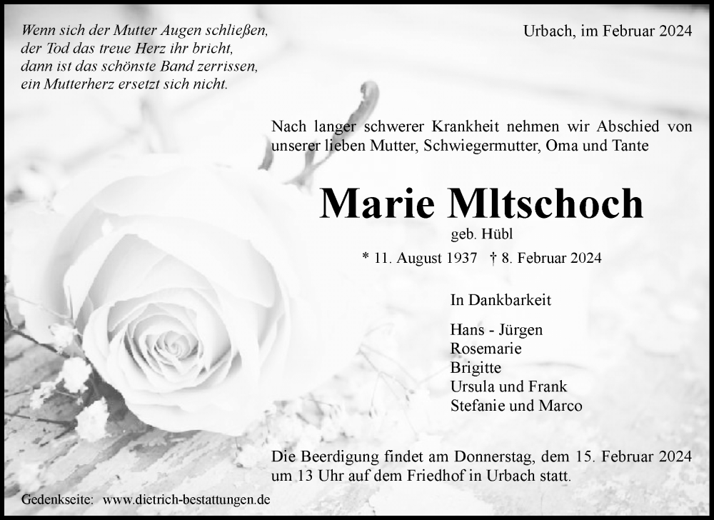  Traueranzeige für Marie Mltschoch vom 12.02.2024 aus Waiblinger Kreiszeitung