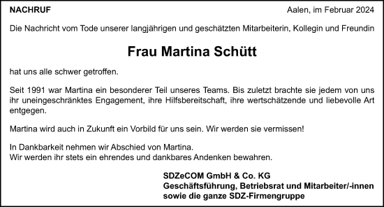 Traueranzeige von Martina Schütt von Waiblinger Kreiszeitung