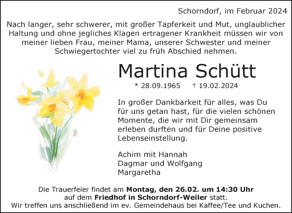  Traueranzeige für Martina Schütt vom 22.02.2024 aus Waiblinger Kreiszeitung