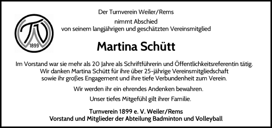 Traueranzeige von Martina Schütt von Waiblinger Kreiszeitung