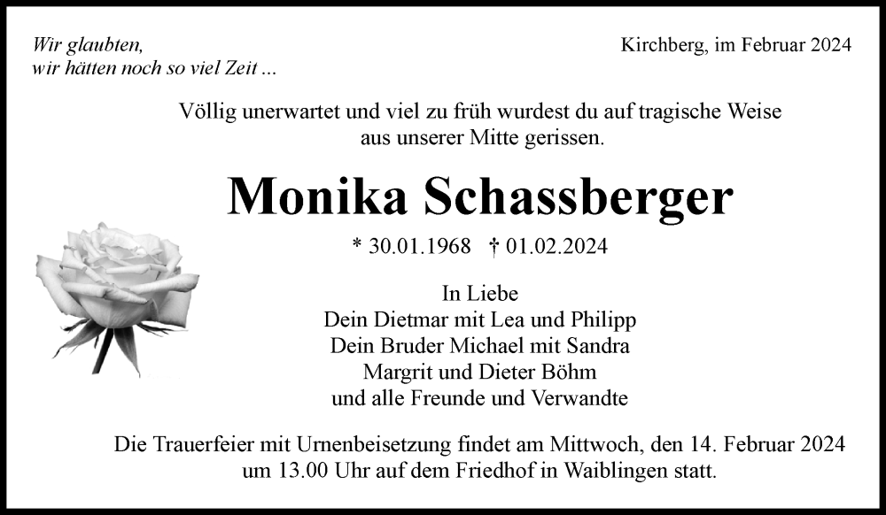  Traueranzeige für Monika Schassberger vom 09.02.2024 aus Waiblinger Kreiszeitung
