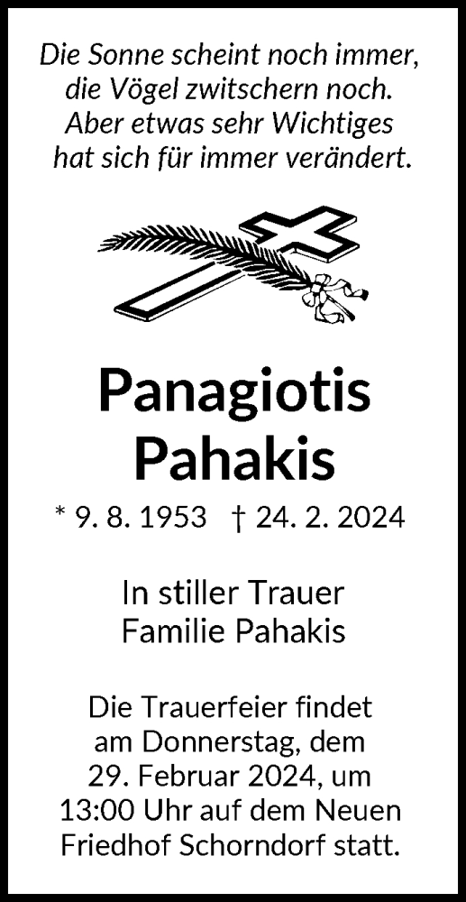 Traueranzeige von Panagiotis Pahakis von Waiblinger Kreiszeitung