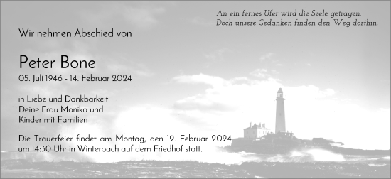 Traueranzeige von Peter Bone von Waiblinger Kreiszeitung