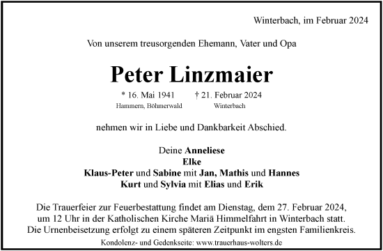 Traueranzeige von Peter Linzmaier von Waiblinger Kreiszeitung