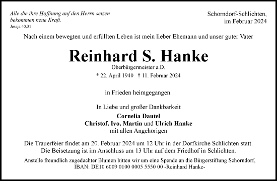 Traueranzeige von Reinhard S. Hanke von Waiblinger Kreiszeitung