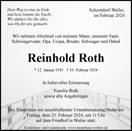 Traueranzeige von Reinhold Roth von Waiblinger Kreiszeitung