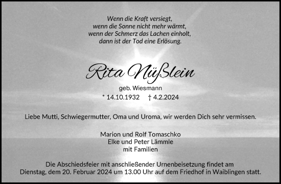 Traueranzeige von Rita Nüßlein von Waiblinger Kreiszeitung