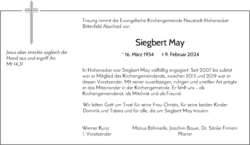  Traueranzeige für Siegbert May vom 24.02.2024 aus Waiblinger Kreiszeitung
