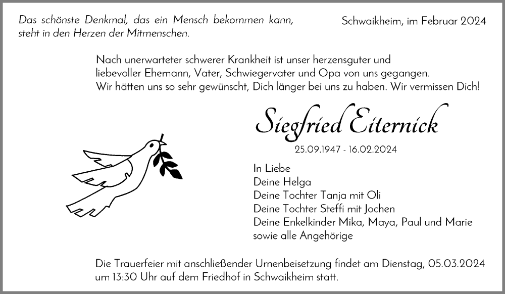  Traueranzeige für Siegfried Eiternick vom 26.02.2024 aus Waiblinger Kreiszeitung