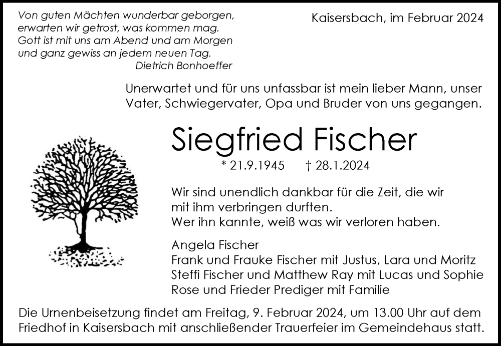  Traueranzeige für Siegfried Fischer vom 03.02.2024 aus Waiblinger Kreiszeitung
