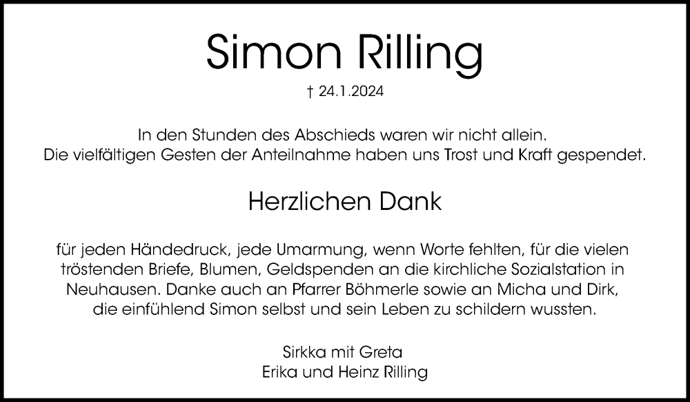  Traueranzeige für Simon Rilling vom 10.02.2024 aus Waiblinger Kreiszeitung
