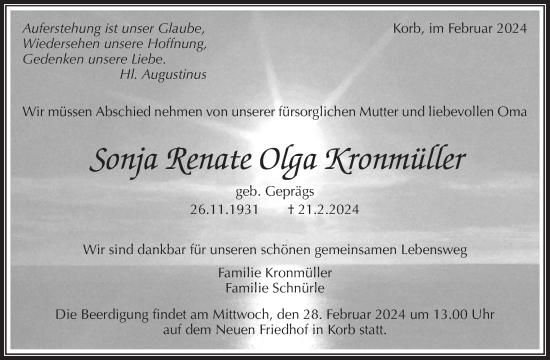 Traueranzeige von Sonja Renate Olga Kronmüller von Waiblinger Kreiszeitung