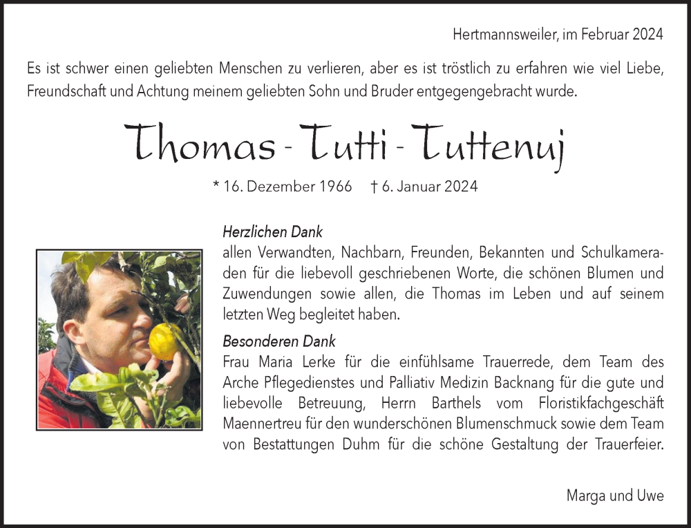  Traueranzeige für Thomas Tuttenuj vom 20.02.2024 aus Waiblinger Kreiszeitung