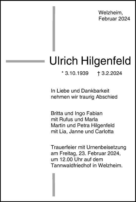 Traueranzeige von Ulrich Hilgenfeld von Waiblinger Kreiszeitung