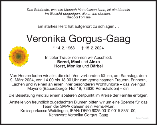 Traueranzeige von Veronika Gorgus-Gaag von Waiblinger Kreiszeitung
