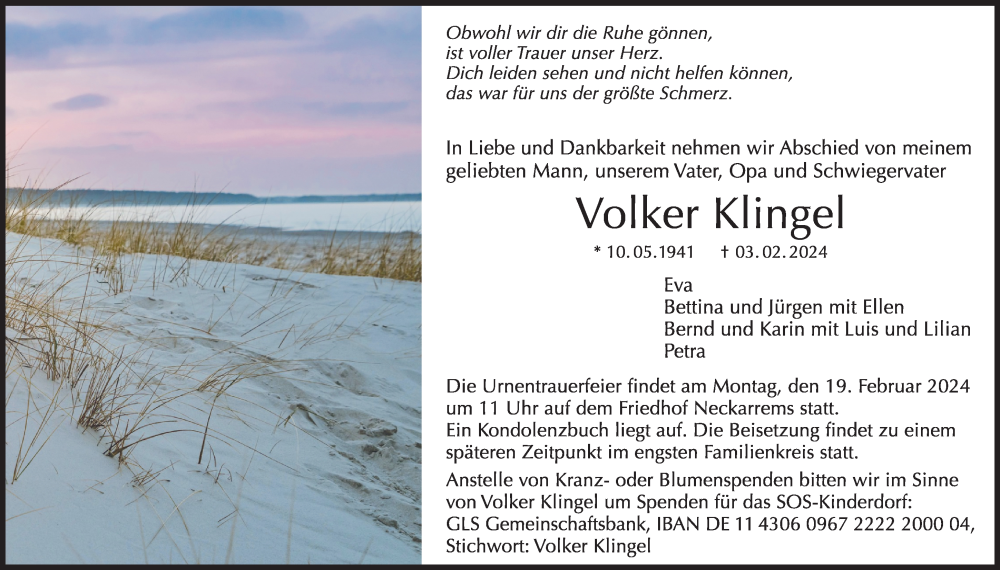  Traueranzeige für Volker Klingel vom 10.02.2024 aus Waiblinger Kreiszeitung