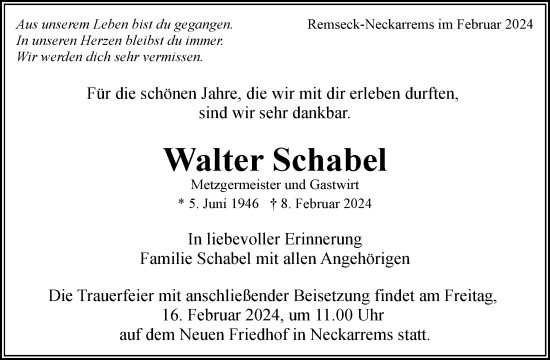 Traueranzeige von Walter Schabel von Waiblinger Kreiszeitung