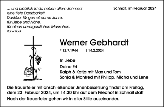 Traueranzeige von Werner Gebhardt von Waiblinger Kreiszeitung