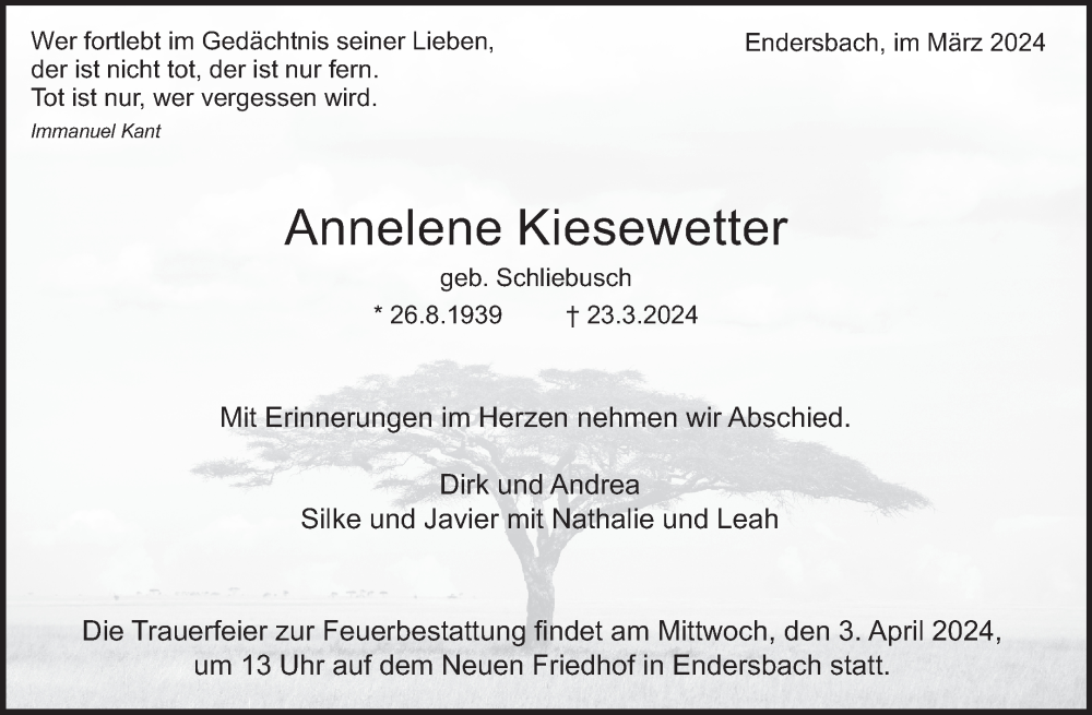  Traueranzeige für Annelene Kiesewetter vom 28.03.2024 aus Waiblinger Kreiszeitung