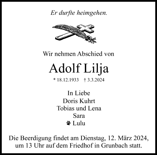 Traueranzeige von Adolf Lilja von Waiblinger Kreiszeitung