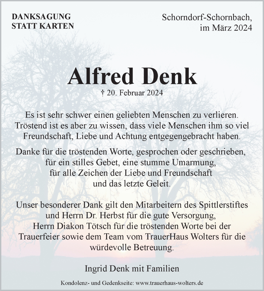  Traueranzeige für Alfred Denk vom 30.03.2024 aus Waiblinger Kreiszeitung