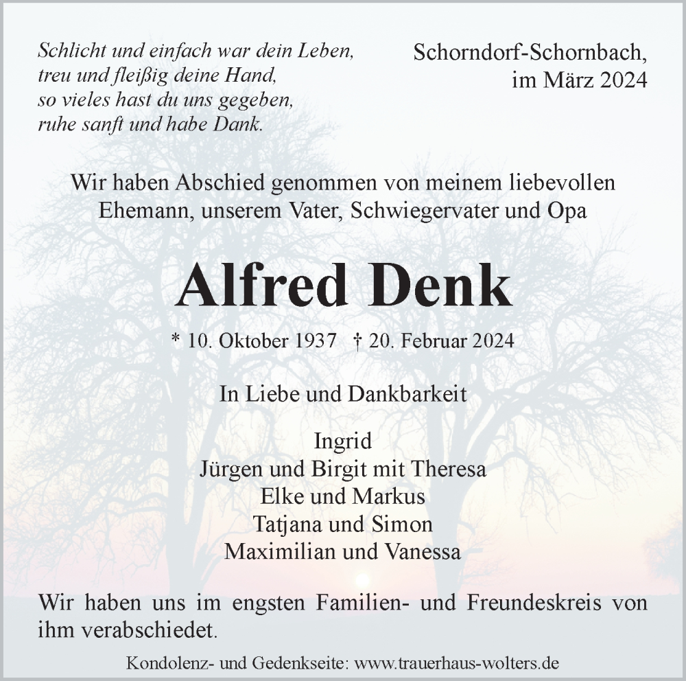  Traueranzeige für Alfred Denk vom 16.03.2024 aus Waiblinger Kreiszeitung