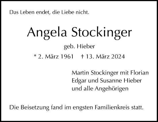 Traueranzeige von Angela Stockinger von Waiblinger Kreiszeitung