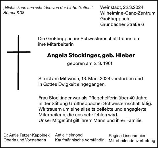 Traueranzeige von Angela Stockinger von Waiblinger Kreiszeitung