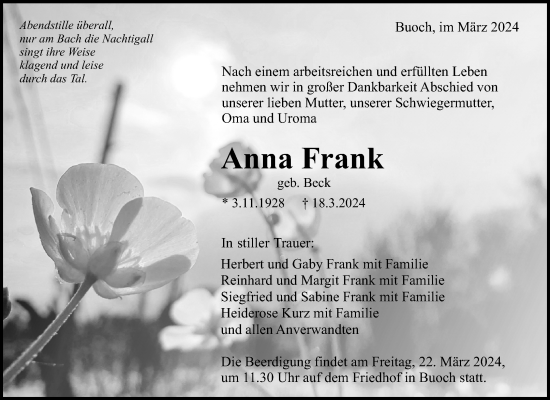 Traueranzeige von Anna Frank von Waiblinger Kreiszeitung