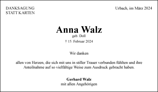 Traueranzeige von Anna Walz von Waiblinger Kreiszeitung