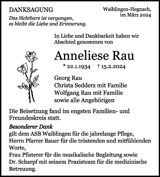 Traueranzeige von Anneliese Rau von Waiblinger Kreiszeitung