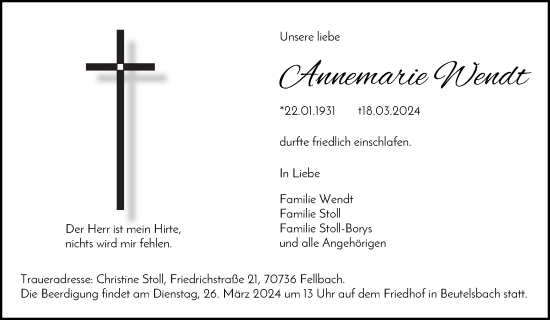 Traueranzeige von Annemarie Wendt von Waiblinger Kreiszeitung