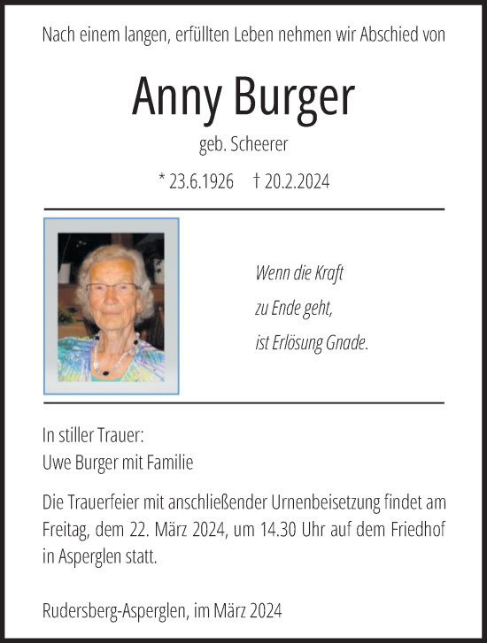 Traueranzeige von Anny Burger von Waiblinger Kreiszeitung