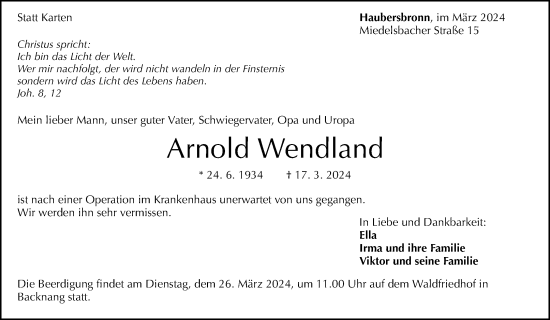 Traueranzeige von Arnold Wendland von Waiblinger Kreiszeitung