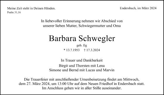 Traueranzeige von Barbara Schwegler von Waiblinger Kreiszeitung