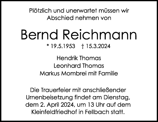 Traueranzeige von Bernd Reichmann von Waiblinger Kreiszeitung