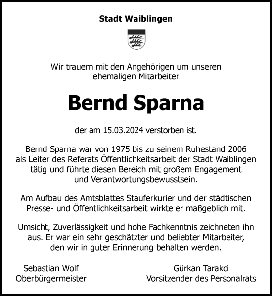 Traueranzeige von Bernd Sparna von Waiblinger Kreiszeitung