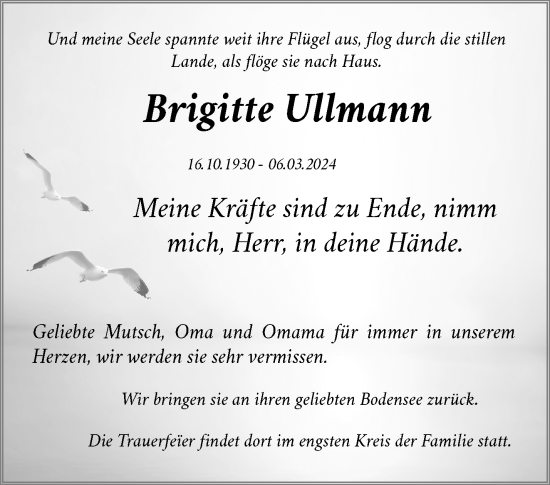 Traueranzeige von Brigitte Ullmann von Waiblinger Kreiszeitung